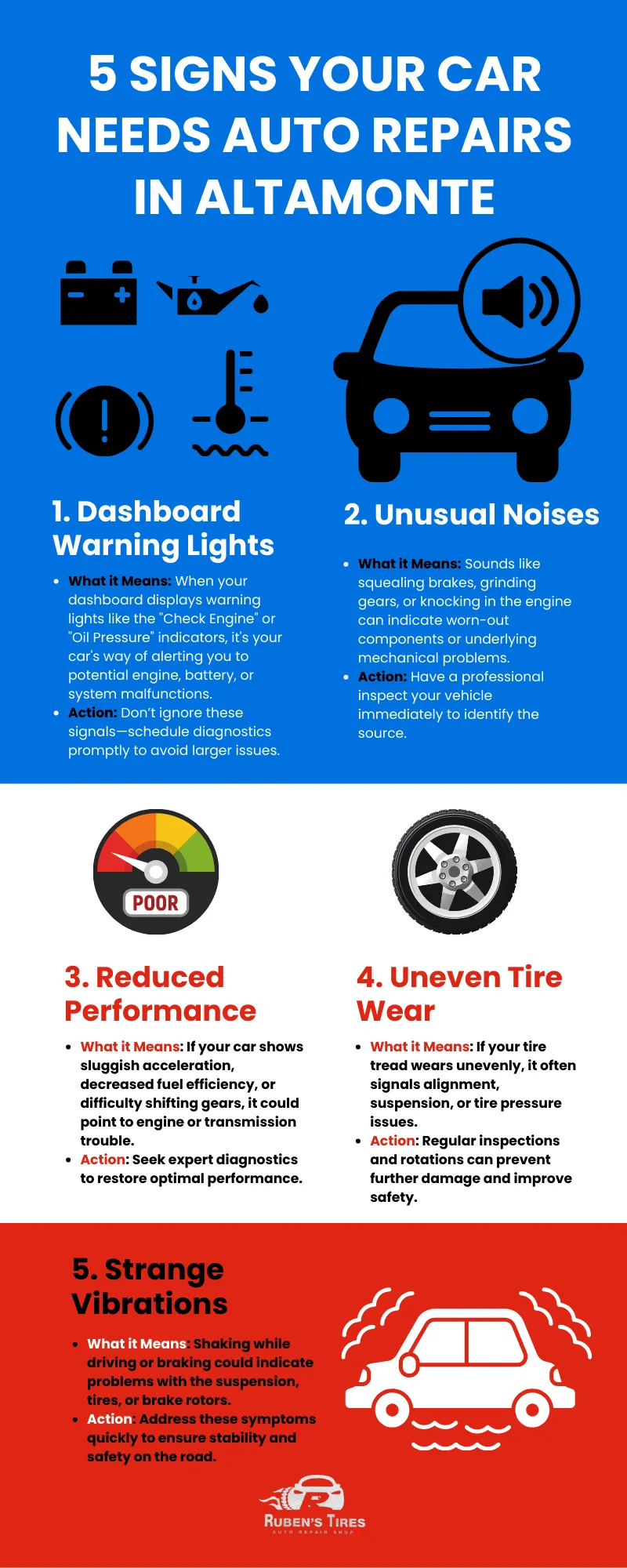 An infographic detailing five key signs your car needs auto repair in Altamonte, including dashboard warning lights, unusual noises, reduced performance, uneven tire wear, and strange vibrations.