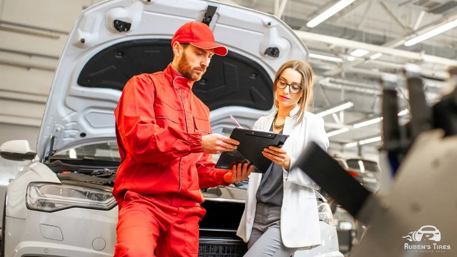 Mechanic discussing brake repair options with a customer at Ruben’s Tires.