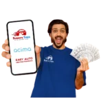 Excited customer holding cash and a phone displaying Rubens Tires, Acima, and Easy Auto logos, promoting flexible payment options through Rubens Tires Acima Financing Altamonte Springs.
